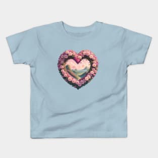 Pink Floral Heart Framing Landscape Kids T-Shirt